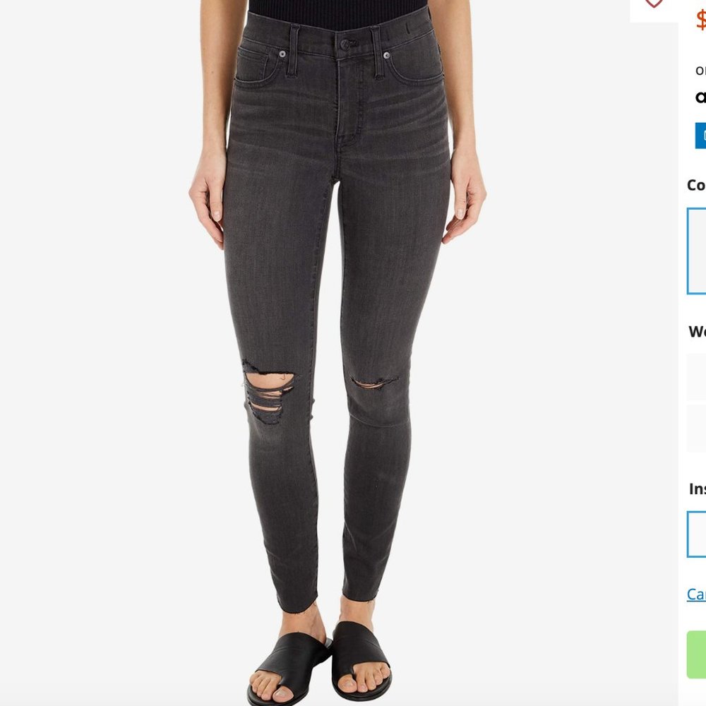 MADEWELL 9" High Rise Skinny Jean, "Black Sea" Washed Black Color, Size 25